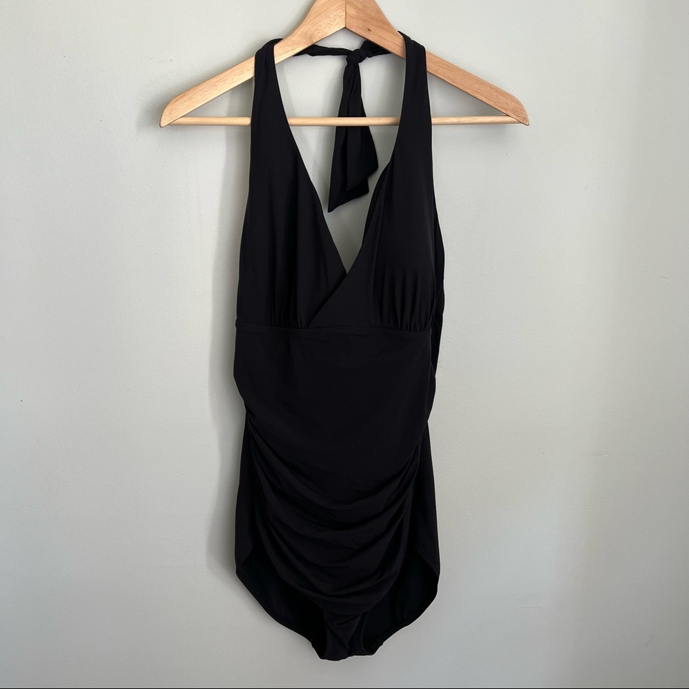 EUC! L.L. Bean One Piece Bathing Suit Size 16 Black Halter Tie